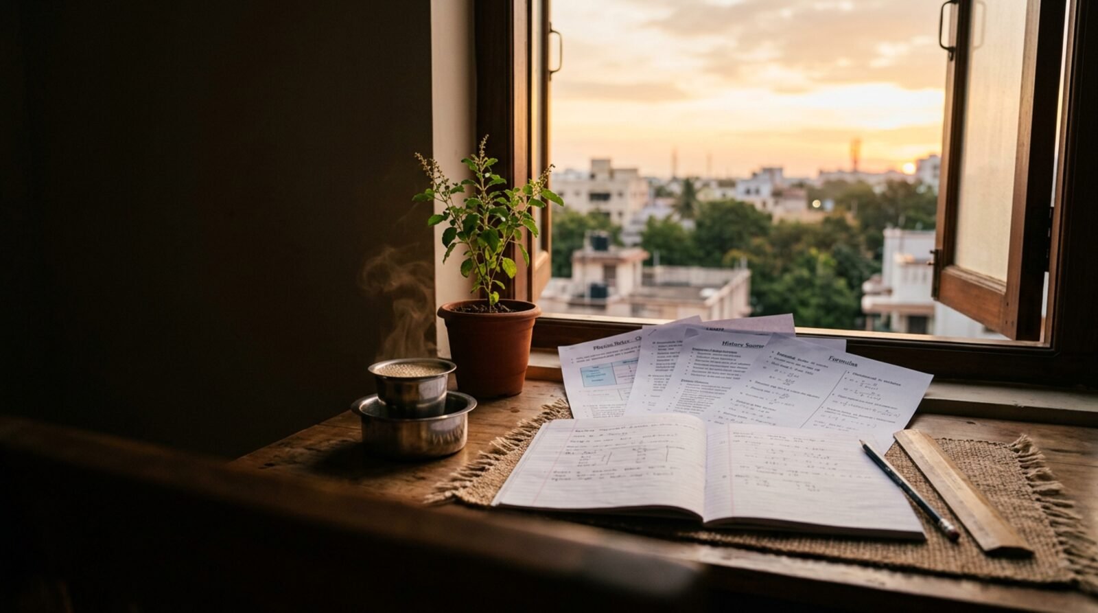 A study desk at sunrise in Chennai, with filter coffee beside revision pages